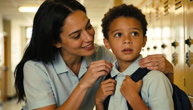 Smiling caregiver adjusting schoolboy collar in hallway with lockers and backpack