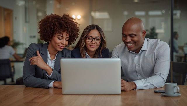 Corporate team reviewing laptop screen during meeting