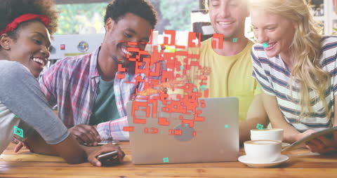 Friends Enjoying Coffee with Digital Security Elements Overlay