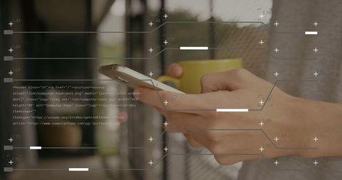 Man Holding Smartphone Outdoors with Technology Overlay