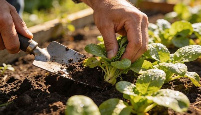 Close-Up Hands Planting Leafy Green Seedlings in Raised Bed with Trowel and Morning Dew