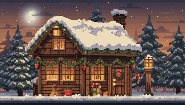 Cozy pixel art snowy cabin at dusk with festive garland, gifts and streetlamp glow