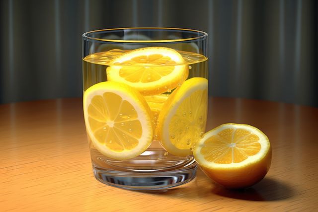 Glass of lemon juice and lemon on wood surface, created using generative ai technology. Juice, drink and refreshment concept digitally generated image.