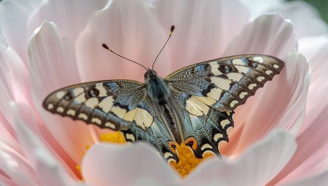 Swallowtail butterfly perching on pale pink flower spreading wings macro closeup