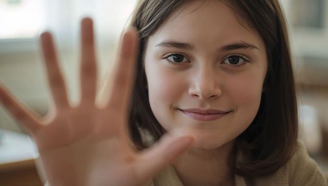 Closeup teen girl reaching hand toward camera smiling in warm window light intimate moment