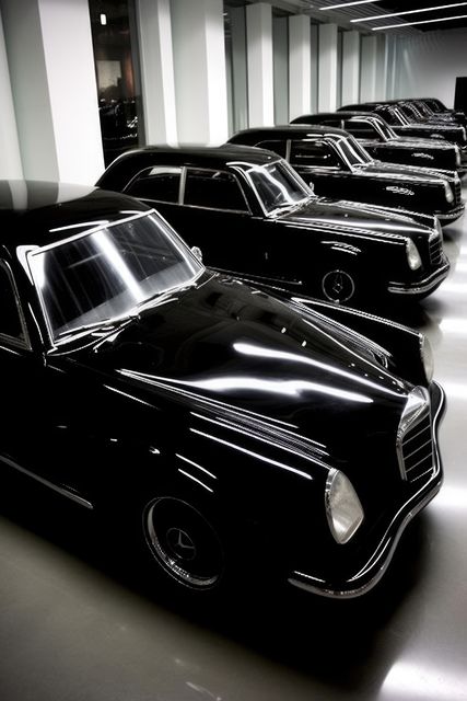 A row of classic black vintage luxury cars displayed in an indoor showroom. This image is suitable for use in automotive magazines, websites showcasing automobile heritage, luxury car ads, and promotional materials for car exhibitions.