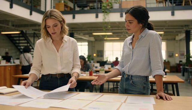 Two women collaborating over documents in modern open-plan office planning session