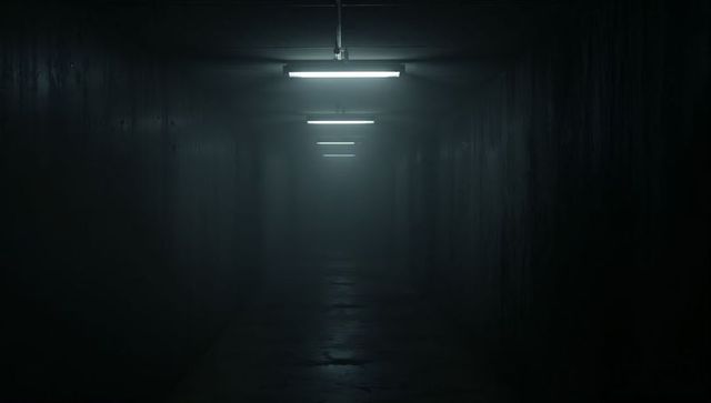 Fog-Filled Underground Corridor with Fluorescent Lights Leading Into Vanishing Point