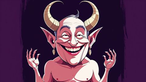Grinning satan with horns raising claws in dark fantasy