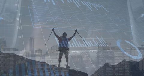 Triumph of financial success symbolized by climber and economic charts