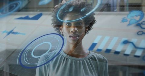 Woman Interacting with Augmented Reality HUD for Data Visualization and Analytics