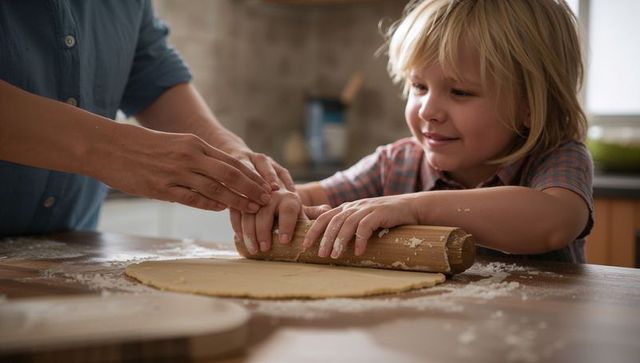 Parent and child baking together in warm home kitchen