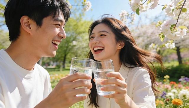 Laughing couple toasting with glasses of water in sunlit spring park under cherry blossoms