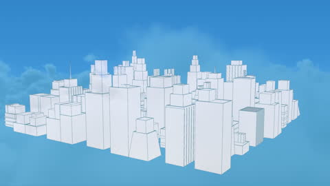 White Outline Cityscape with Moving Clouds on Blue Sky Background