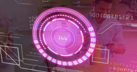 Futuristic magenta hud projecting over retail counter with shopper using smartphone