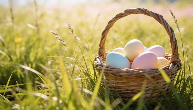 Wicker basket holding pastel easter eggs basking in sunlit meadow grass