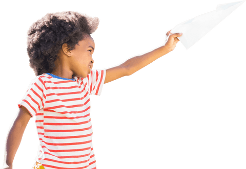 Joyful child flying paper airplane on transparent background