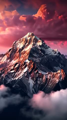 Vertical cinematic twilight revealing alpine peak with swirling clouds and warm alpenglow