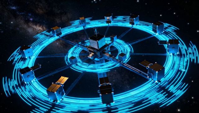 Orbital ring network circling central hub with cube satellites and neon data trails