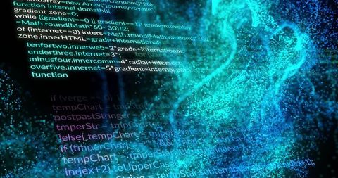 Abstract software code and data stream in futuristic workspace