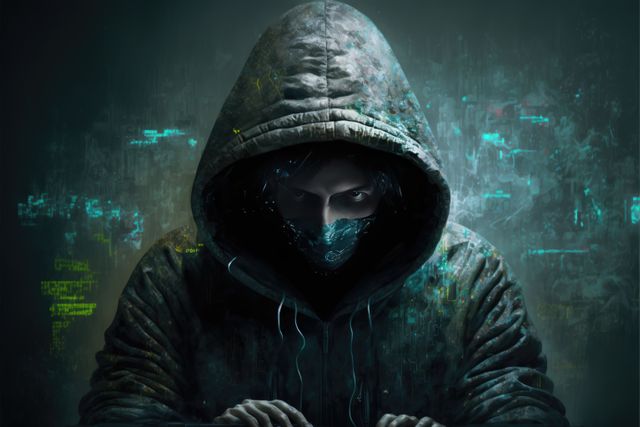Depicts a hooded figure wearing a mask, engrossed in manipulating data in a dark, high-tech environment. Useful for themes related to cyber security, hacking, anonymity, digital forensics, and tech industry visuals. Ideal for illustrating articles, blog posts, or presentations about cybersecurity threats, personal data protection, and the dark web.