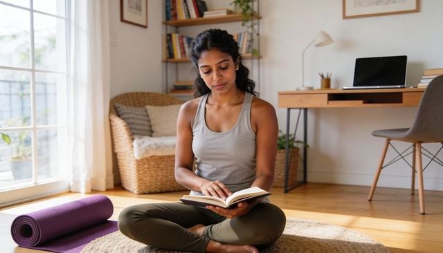 Reading paperback while sitting cross-legged in sunlit minimalist living room with yoga mat