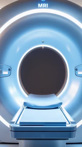 Vertical MRI video showing LED ring pulsing while patient table with blue pad sliding into bore