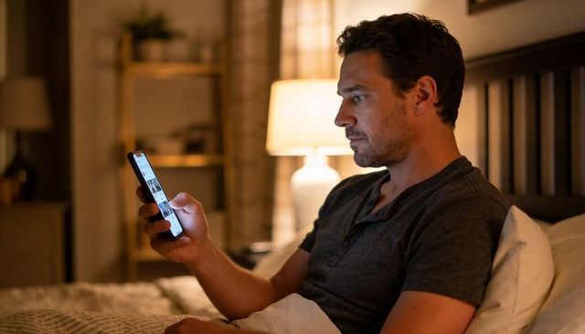 Man scrolling smartphone in bed at night with warm bedside lamp glow