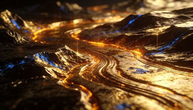 Molten gold river flowing through glossy metallic terrain with serpentine grooves
