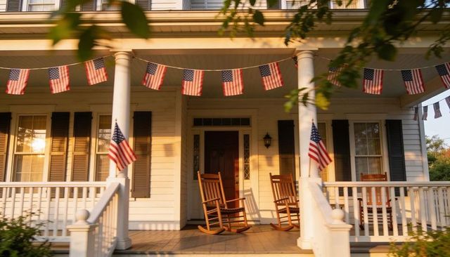 Front porch bathing in golden light with american flag bunting and wooden rocking chairs