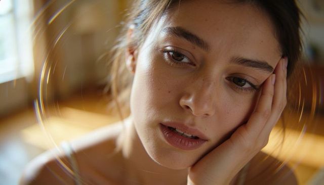 Sunlit pensive woman resting head on hand with warm golden lens flare close-up
