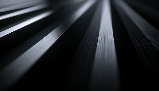 Monochrome ribbed slats converging with glossy light streaks and geometric minimal texture