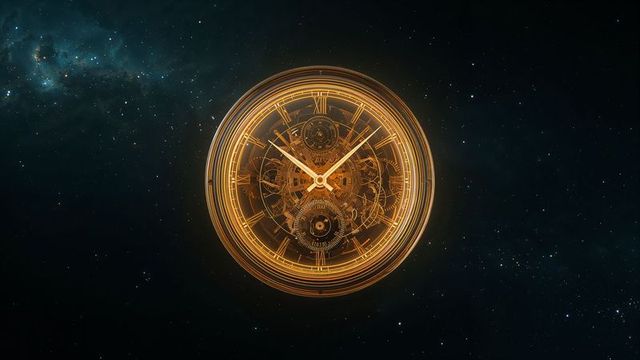 Futuristic clock with exposed gears in celestial space