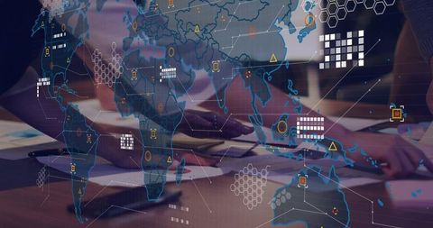 Business Team Analyzing Global Data and Strategy with Interactive World Map Overlay on Desk