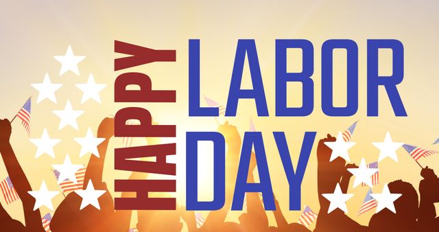 Digital composite image of silhouette people celebrating with happy labor day text. Flag of america, federal holiday, honor, recognition, american labor movement, celebration, appreciation of works.
