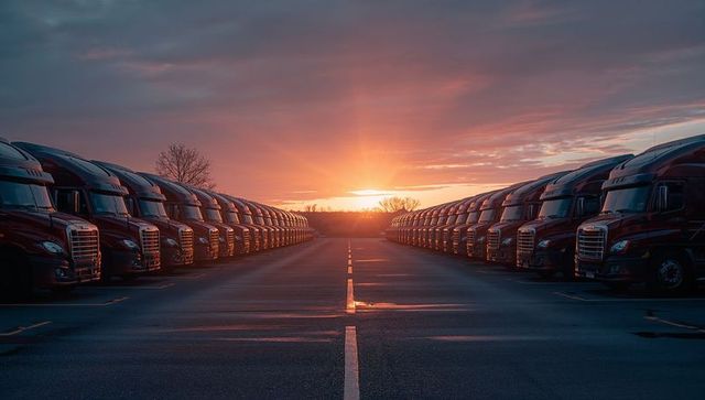 Sunrise light reflecting on red semi-truck fleet lining central lane at dawn