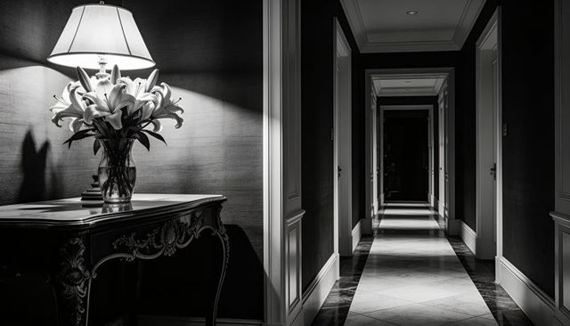 Luxury hotel corridor with ornate console table, vase of lilies and dramatic lamp lighting