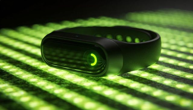 Black fitness tracker resting on neon green led matrix, glowing wearable tech closeup