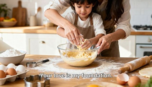 Parent guiding child mixing dough in sunny kitchen, family baking and learning moment