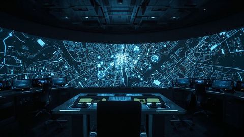 Futuristic Command Center with City Map Display and Touchscreen Interface