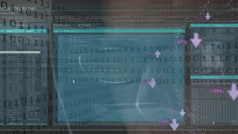 Animated Digital Data Processing Interface with Code Overlays