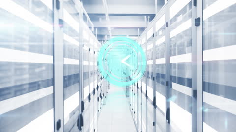 High-Tech Server Room with Digital Interference Animation