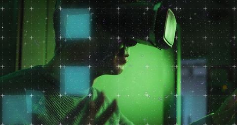 Person in Server Room Wearing VR Headset with Glitch Effects