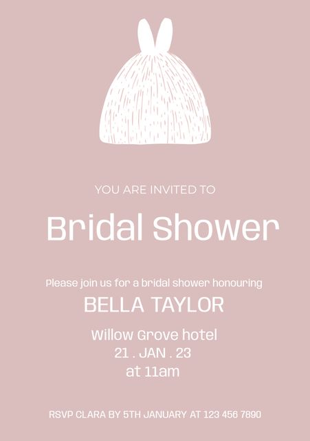 This image of a bridal shower invitation features an elegant design with a pastel beige background, overshadowing the central text and a simple yet sophisticated white illustration at the top. The invitation includes details for the event, making it ideal for use in wedding preparations and event planning guides. Use this template to inspire brides-to-be, event minimalist modern invitation styling, and stylish party announcements.