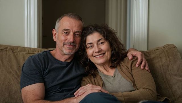 Middle-aged couple smiling and embracing on couch, cozy relaxed home portrait