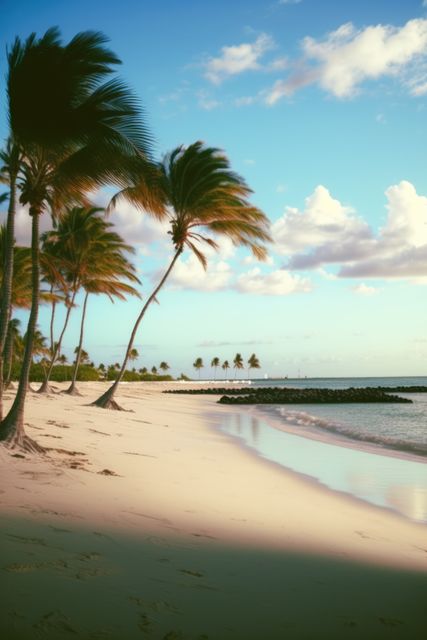 Relaxing tropical beach scene featuring palm trees gently swaying in the breeze during sunset. Ideal for travel websites, vacation brochures, and ads promoting tropical destinations, beach resorts, and summer holidays.