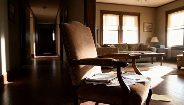 Sunlit vintage armchair with stacked paperwork and warm craftsman living room ambience