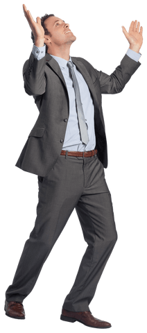 Professional Businessman in Suit Standing with Raised Arms on Transparent Background