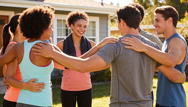 Community fitness huddle smiling group linking arms encouraging each other in sunny front yard