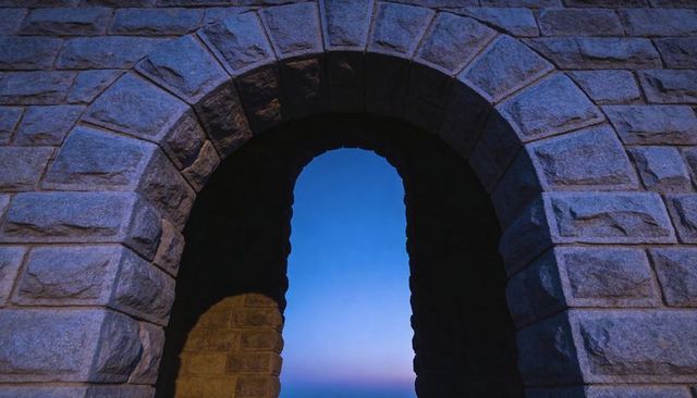 Curved stone arch framing twilight sky, ashlar masonry archway revealing gradient dusk